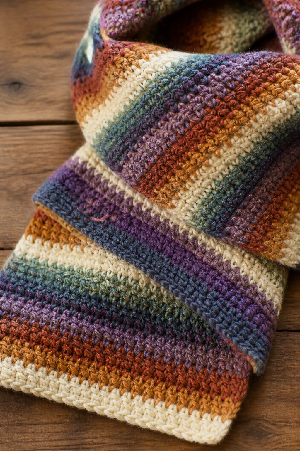 Closeup of a hand-stitched cozy striped crochet scarf on a wooden table