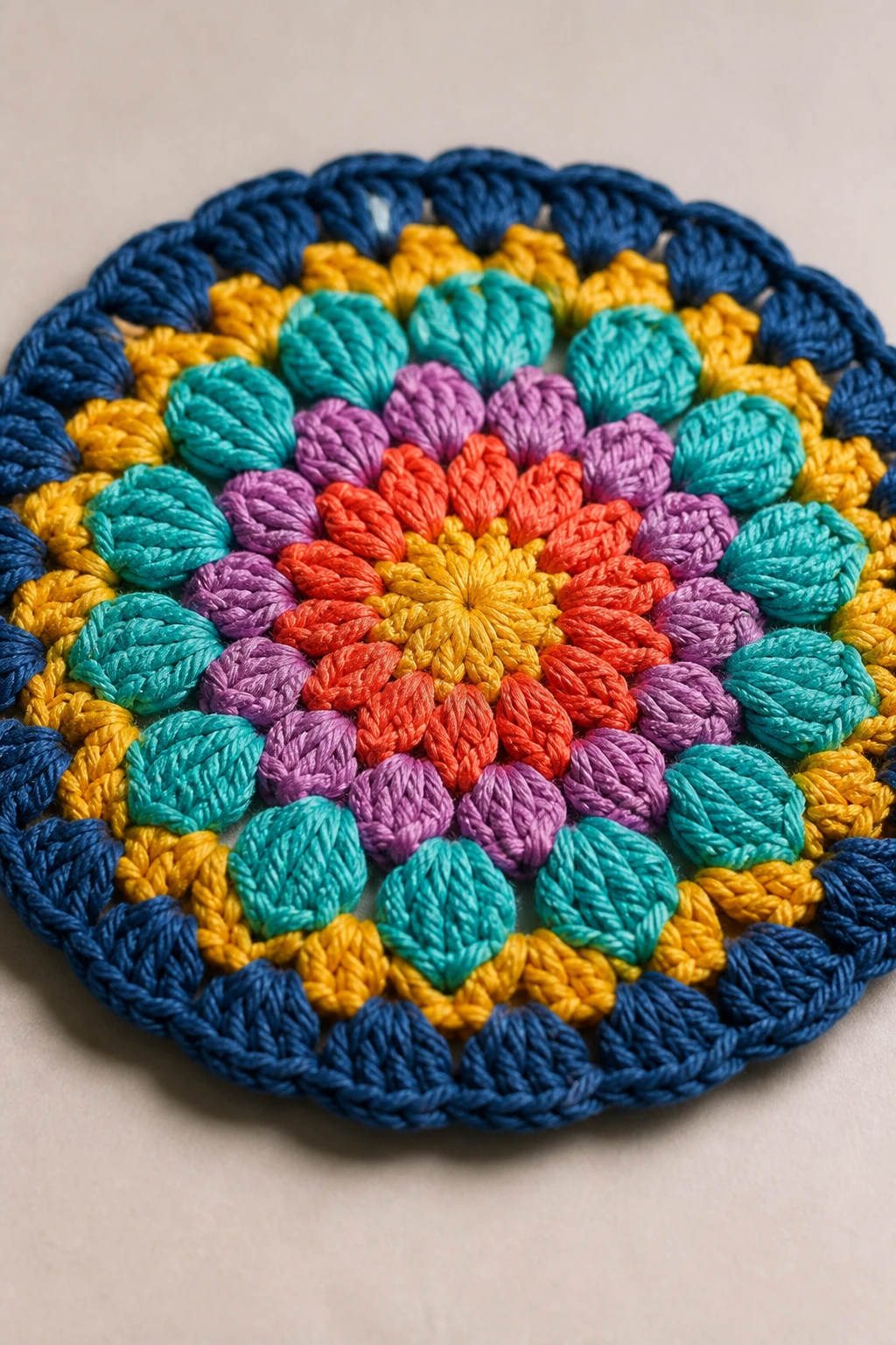 Closeup of bold multicolor crochet coaster in soft studio lighting