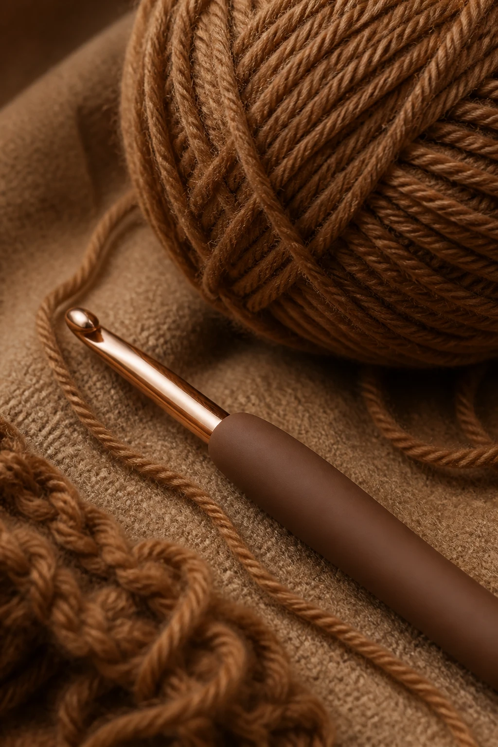 Closeup of a single crochet hook and yarn ball in a coordinated cozy-brown palette