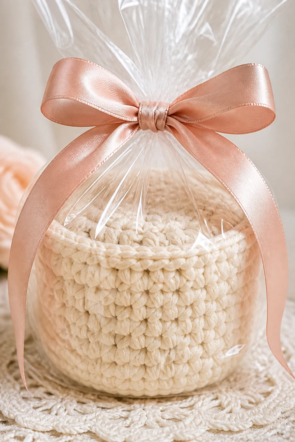 Closeup of a single handmade crochet gift-basket item wrapped with ribbon