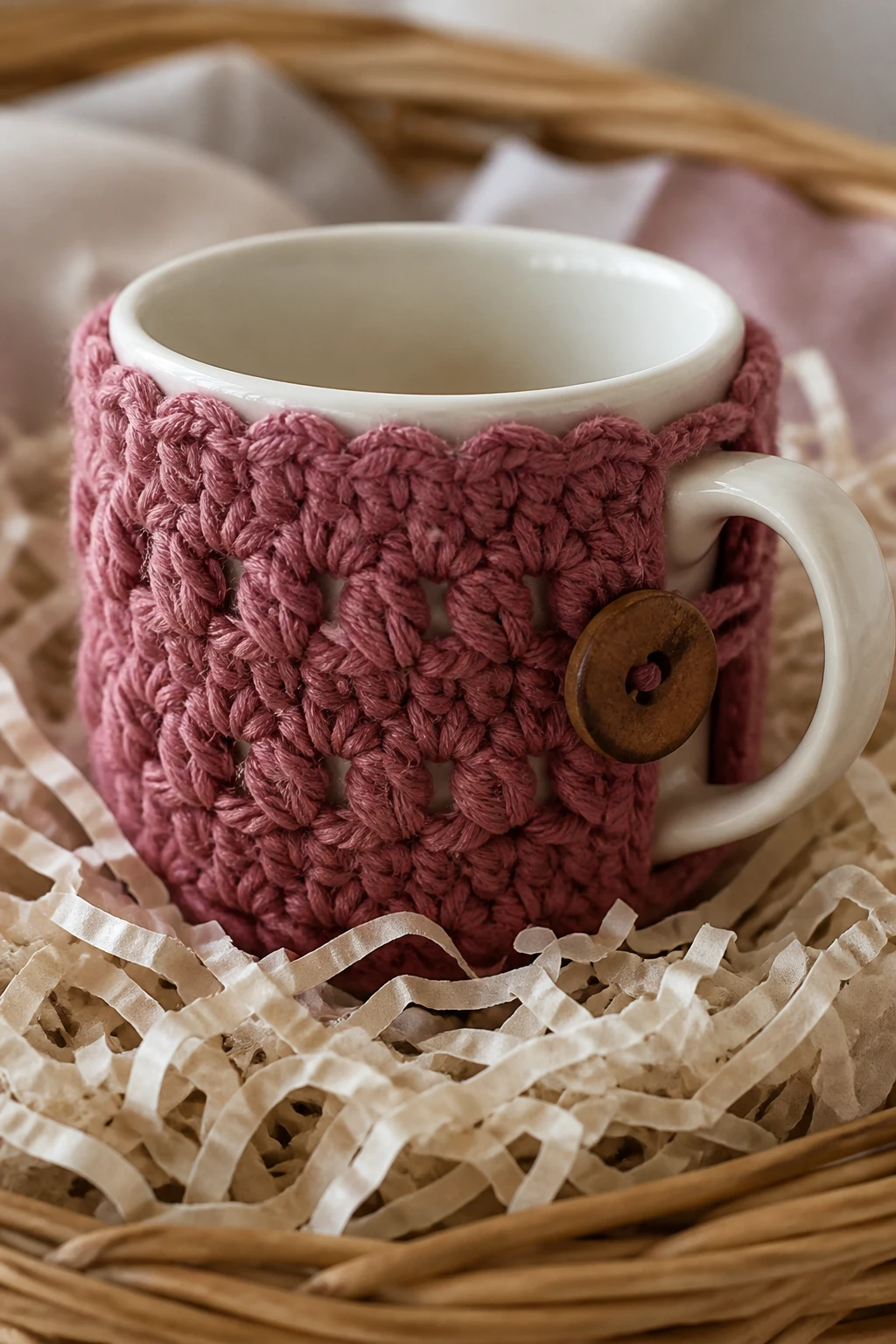 Closeup of a single coffee mug crocheted cozy sitting atop a gift basket liner