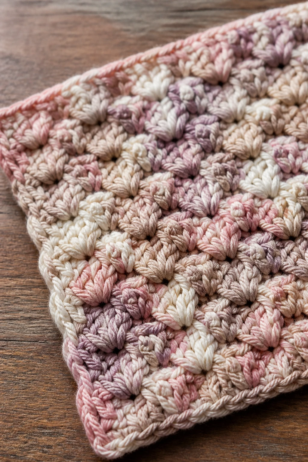 Closeup of textured crochet swatch on wooden table