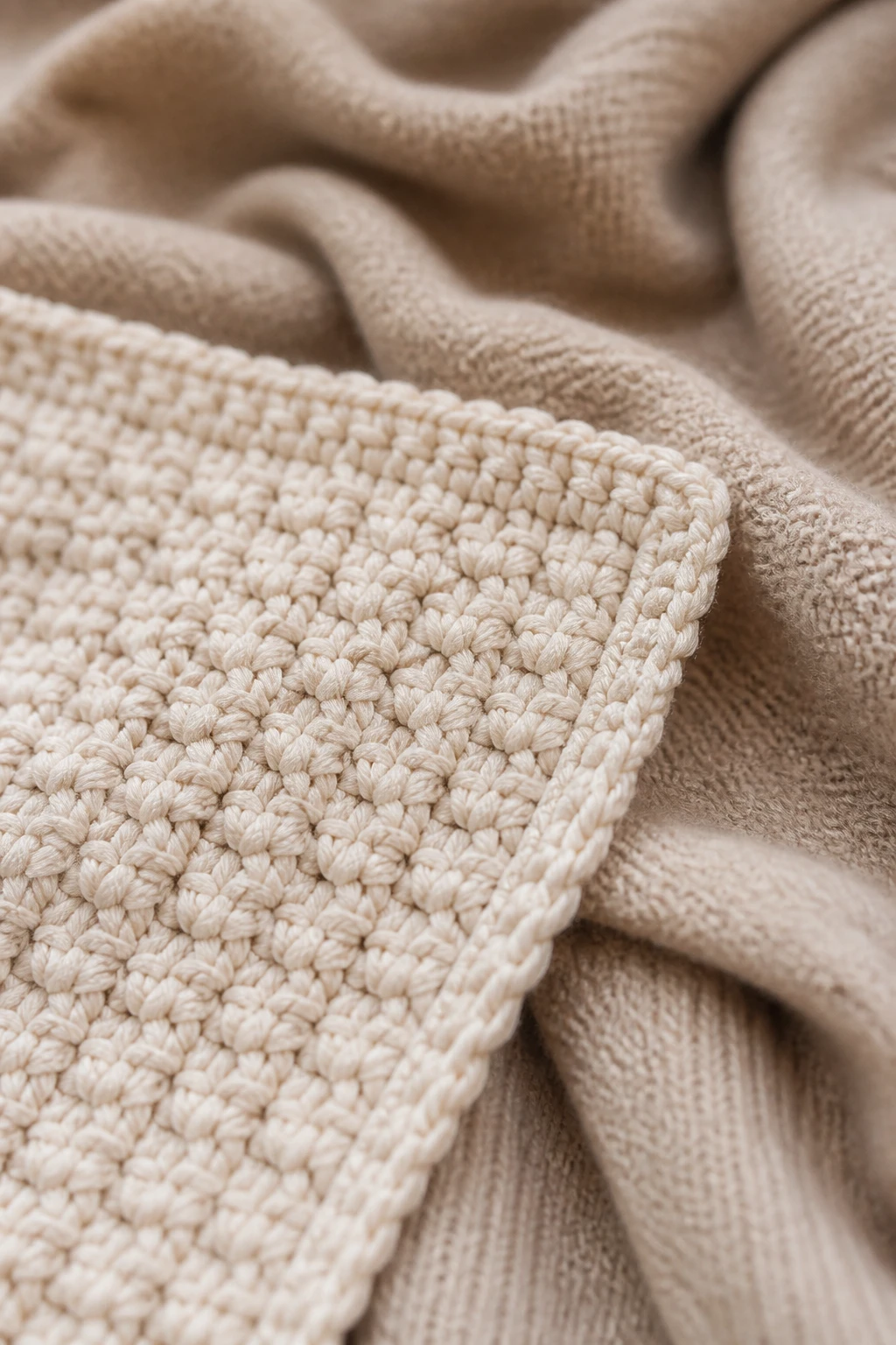 Closeup of a single crochet textured blanket edge on soft knit throw