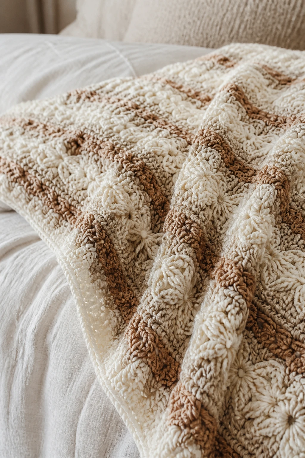 closeup of a textured crochet throw blanket draped over a bed