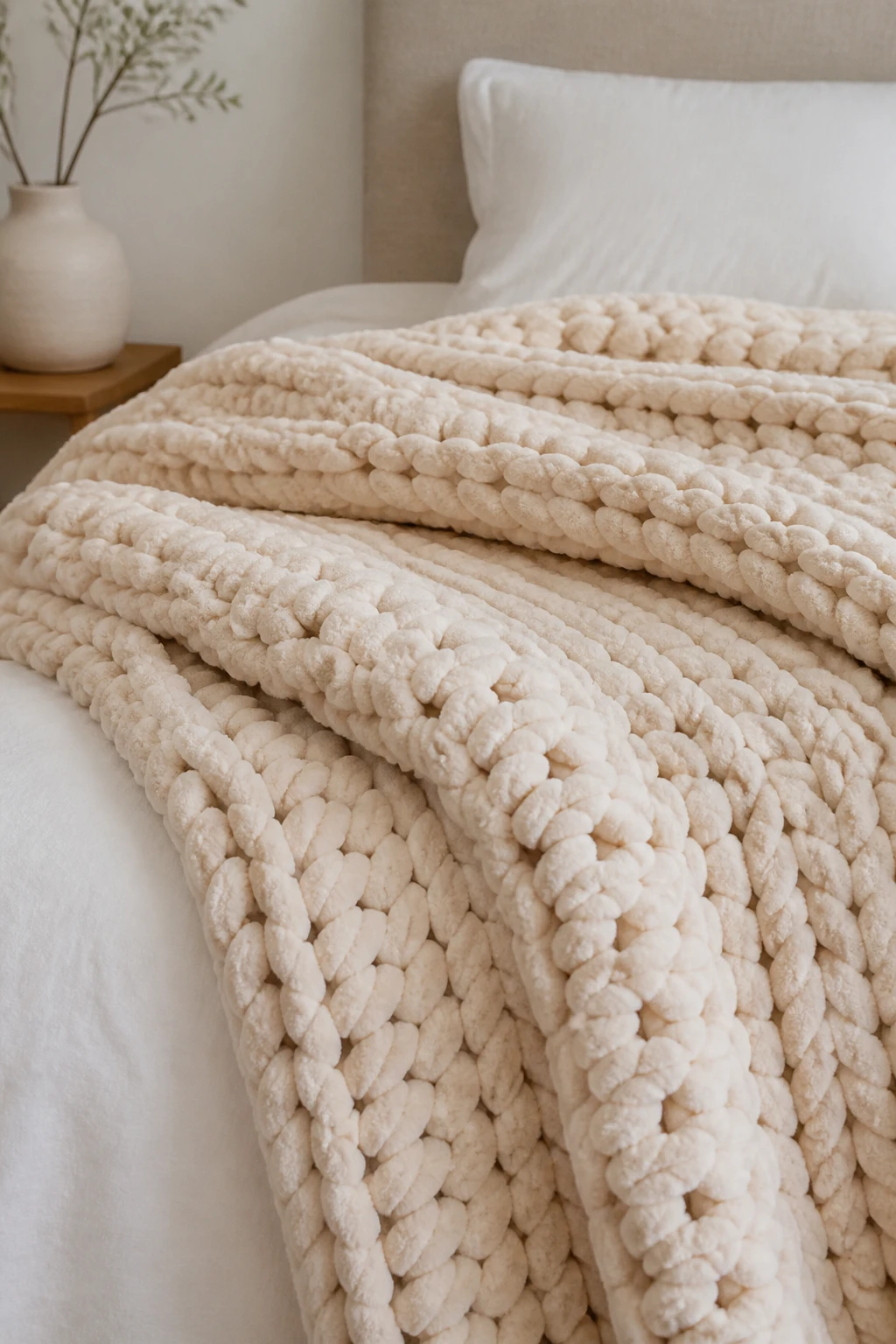 closeup of plush bulky yarn crochet throw on a minimalist bed