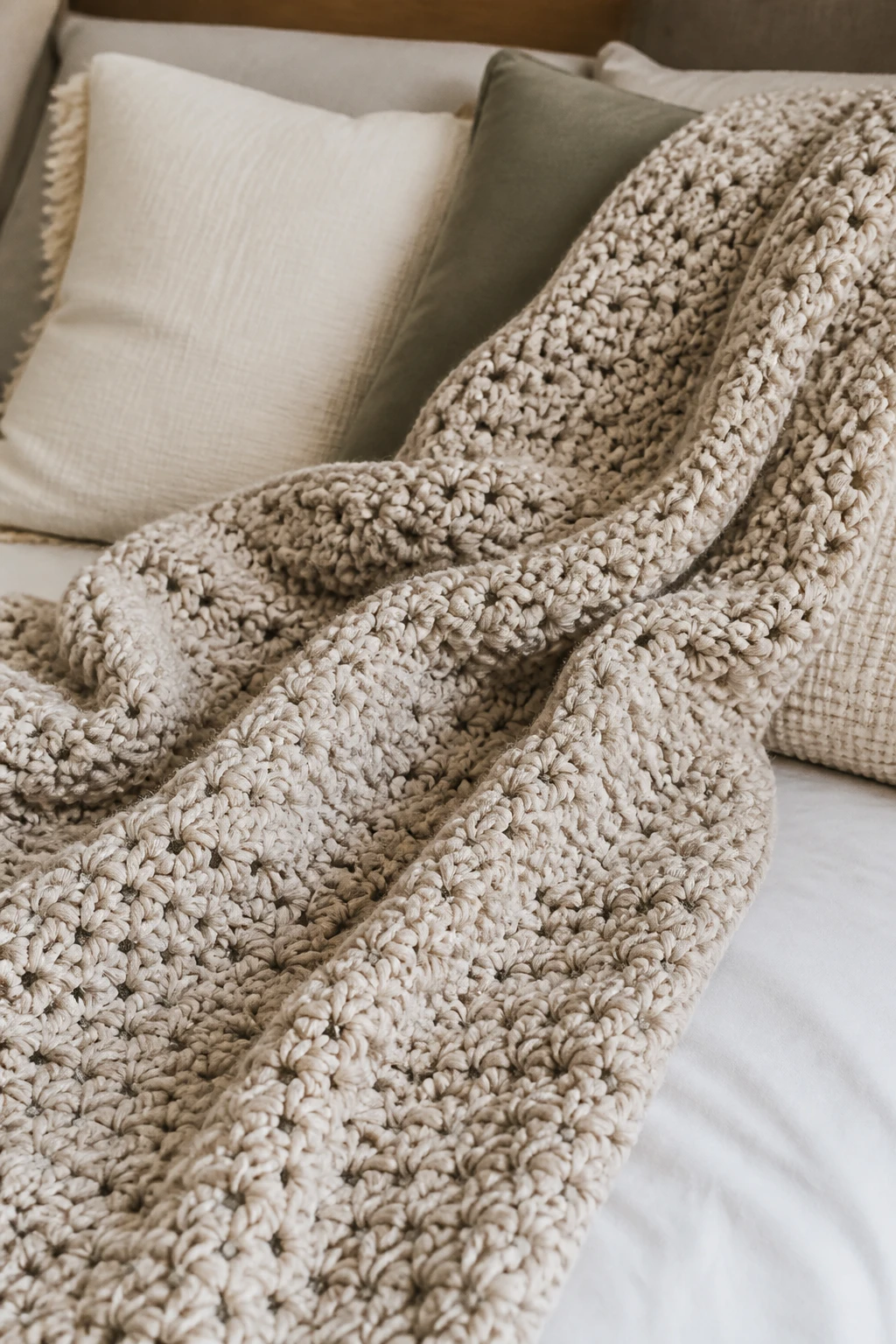 Focused shot of a chunky crochet bed throw draped across pillows