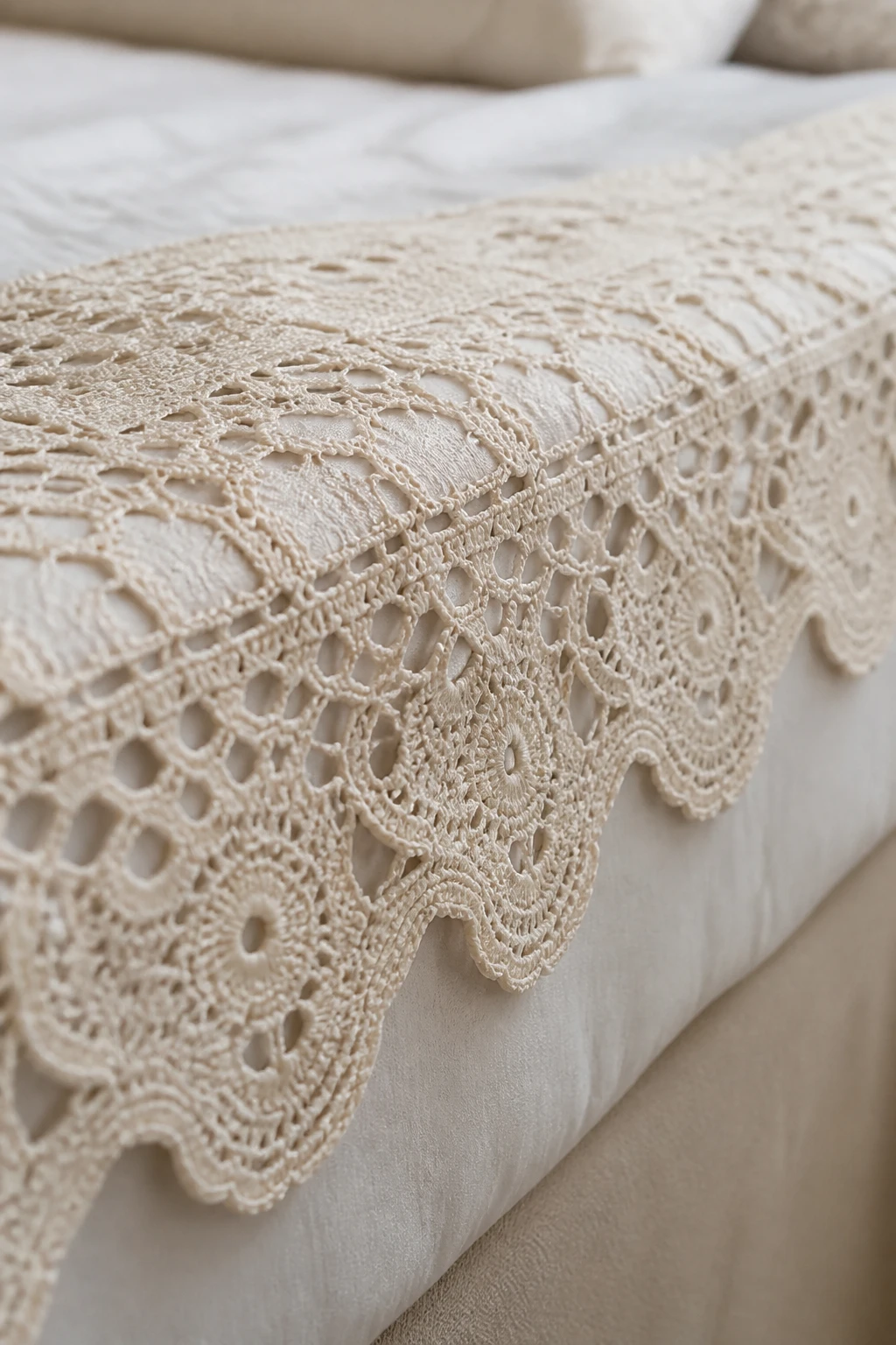 Tight closeup of delicate lace crochet bed runner along the mattress edge