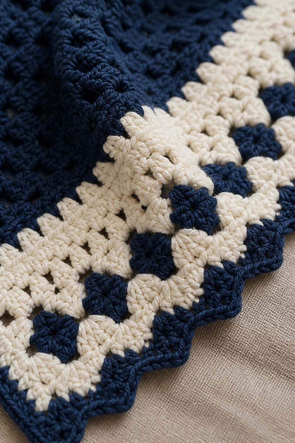 Closeup of a crocheted throw blanket edge in navy and cream yarns