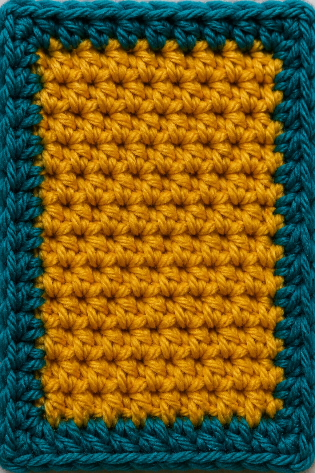 Macro shot of a single crochet swatch showing bold mustard center and teal border