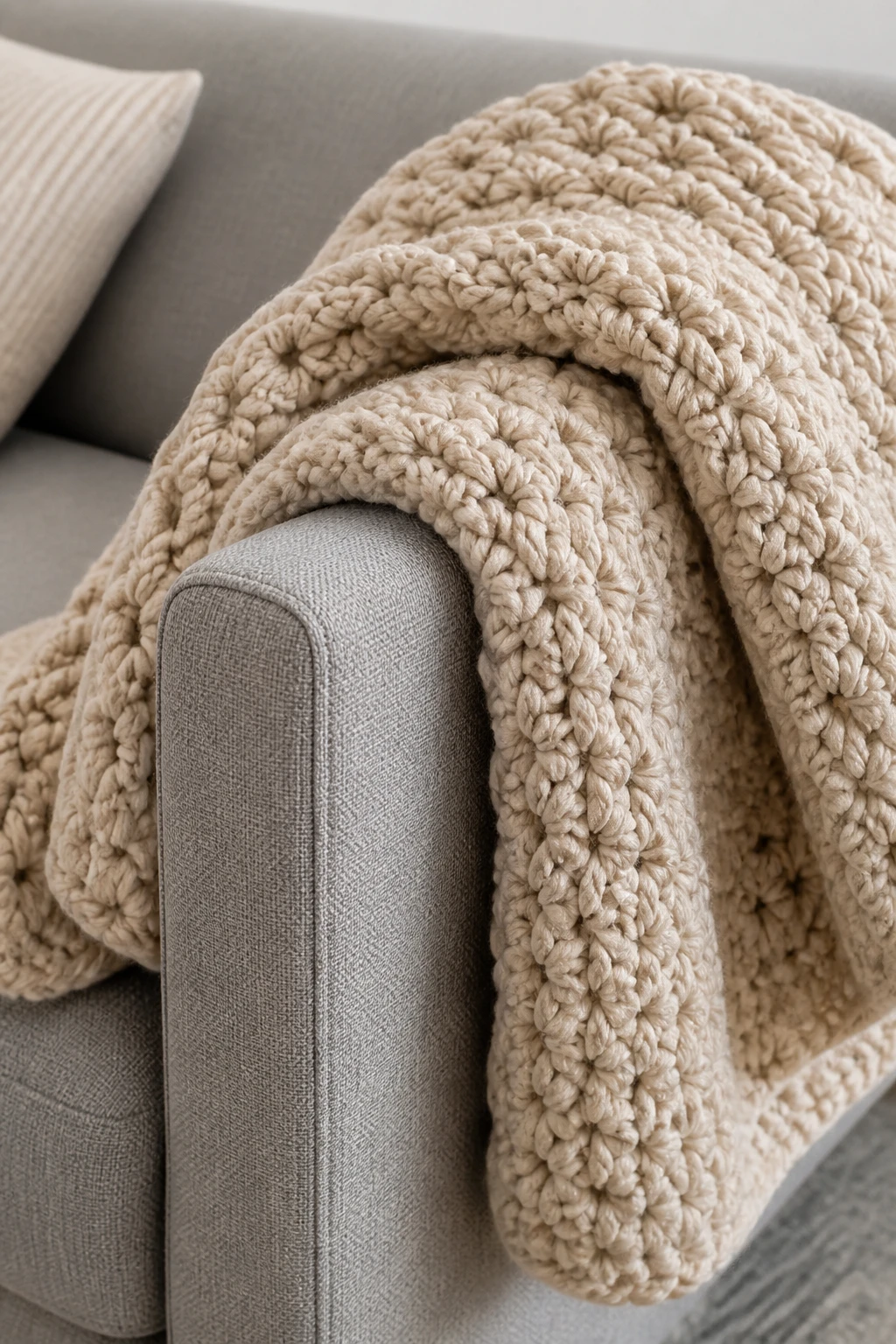 Closeup of chunky crochet blanket draped over a modern sofa arm