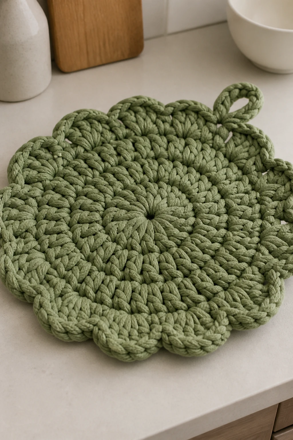 Closeup of oversized crochet potholder resting on a minimalist kitchen counter