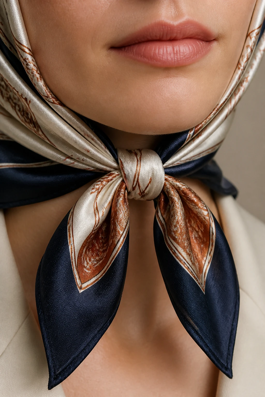 closeup of a traditional scarf knot tied under a model's chin