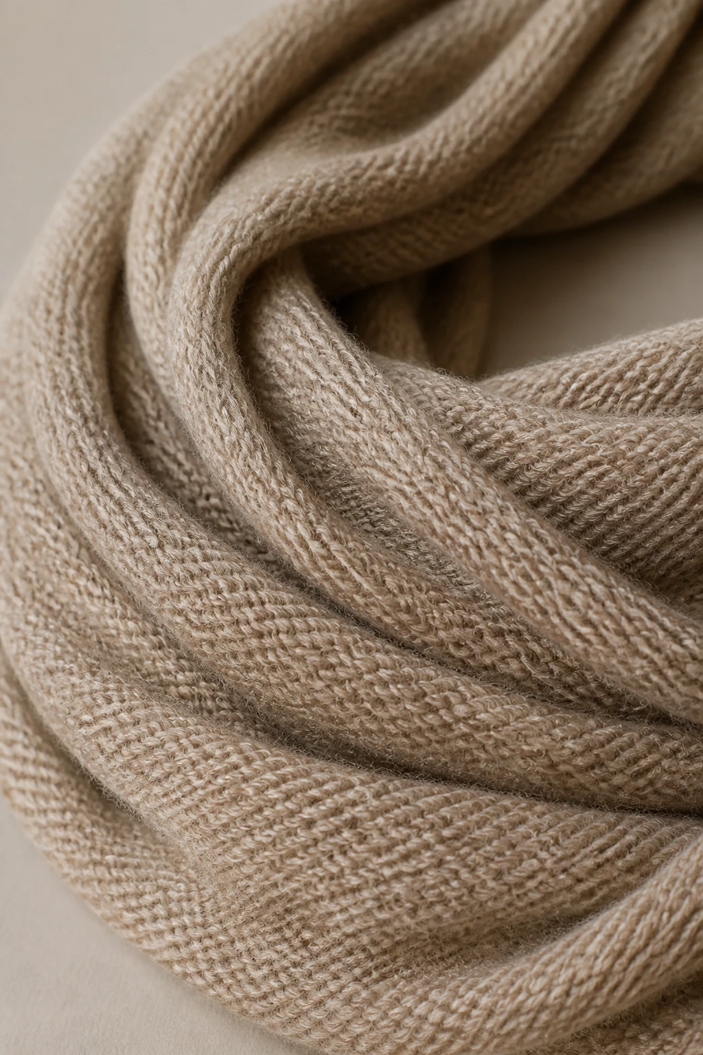 closeup of fabric texture on an infinity scarf against a neutral backdrop