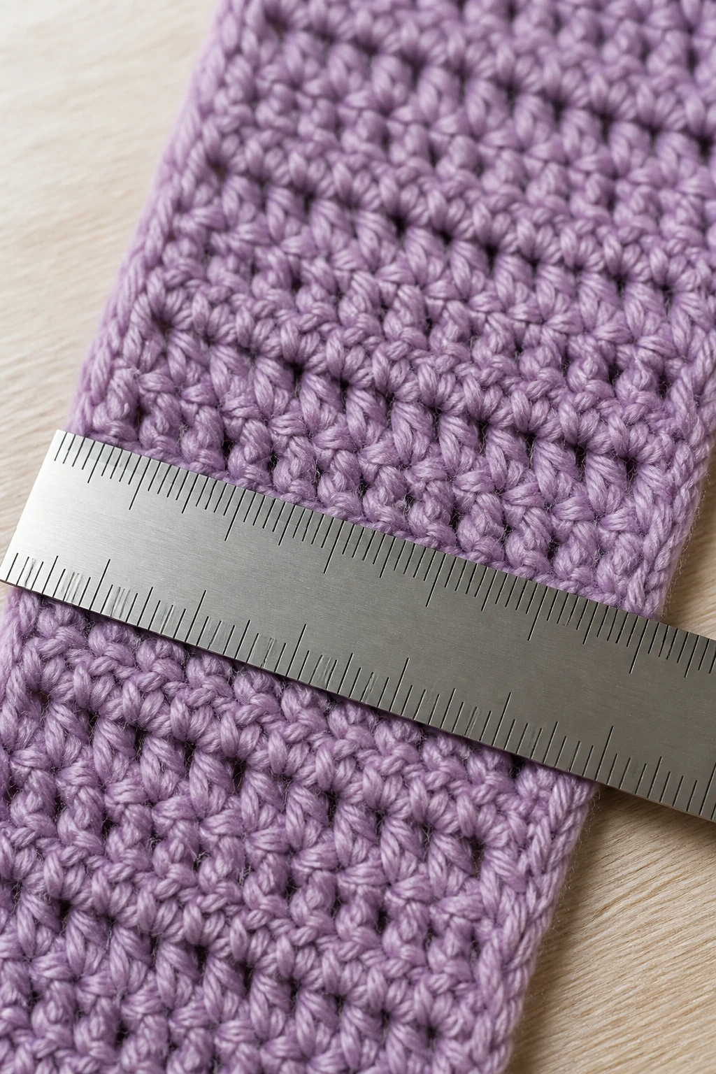 Closeup of a crochet scarf being measured with a ruler