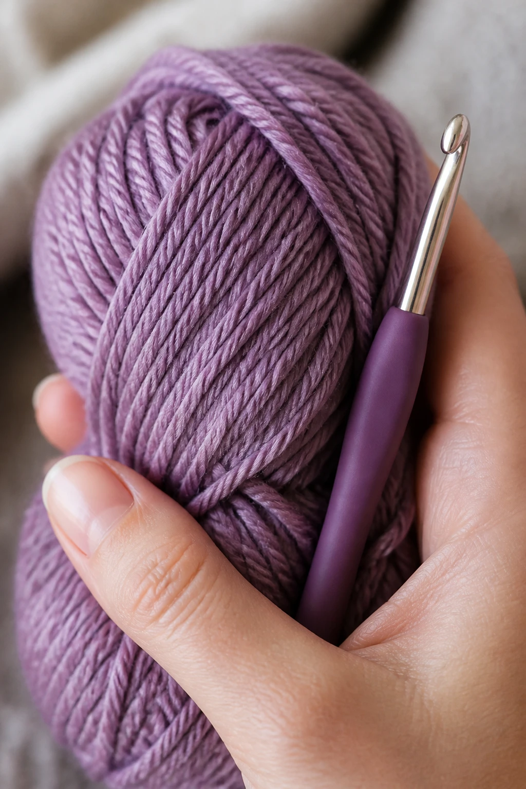 Tight shot of yarn skein and crochet hook in hand