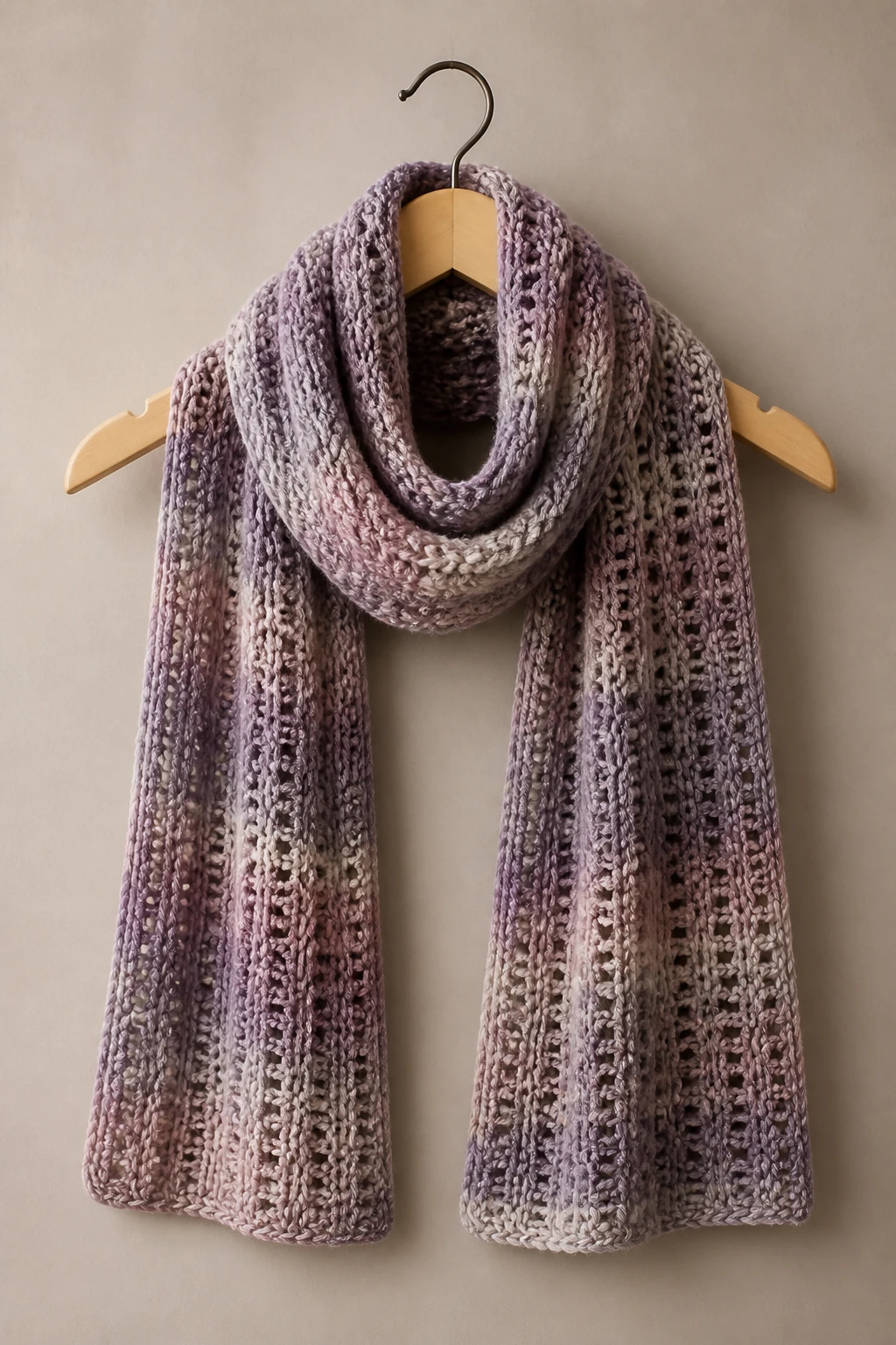 Focused image of a finished scarf draped over a hanger on a neutral backdrop