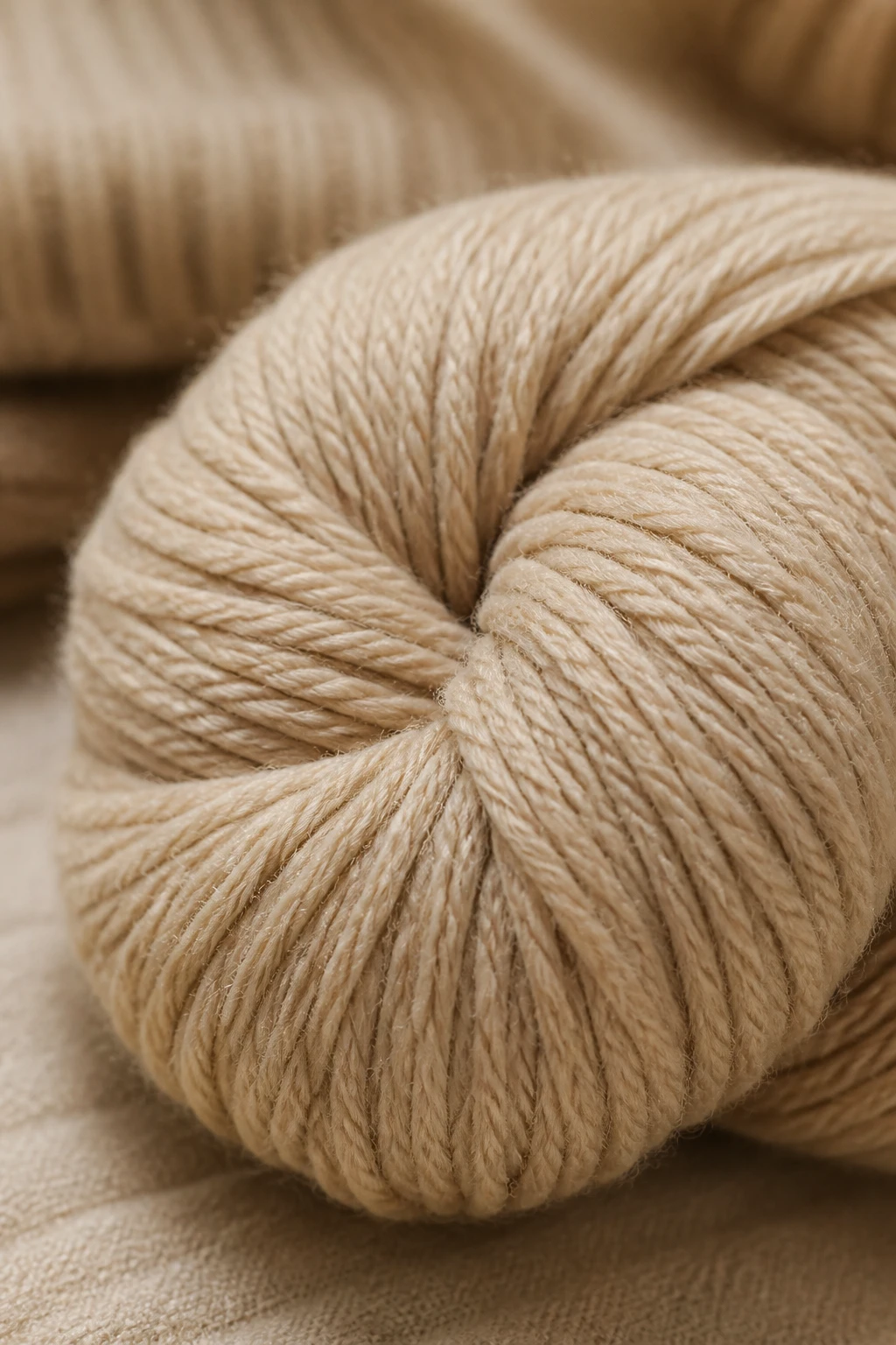 Closeup of soft wool yarn skein labeled for hats in warm beige tones