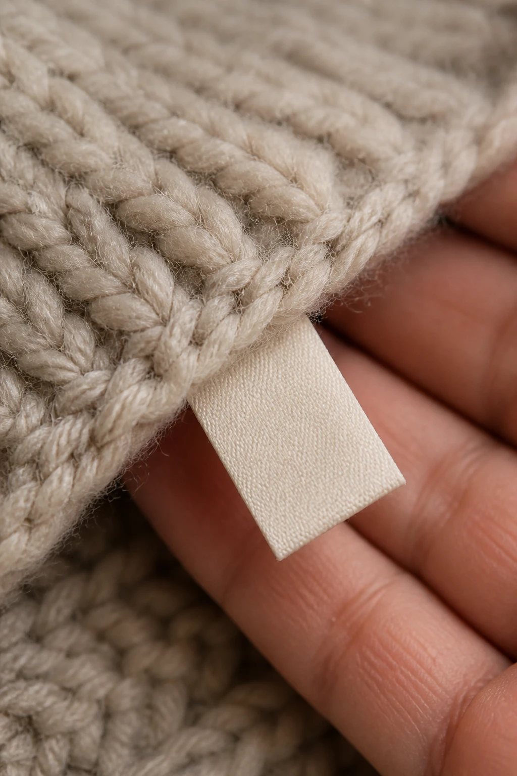 Closeup of plush fiber end and tag on hand-knit hat fabric edge