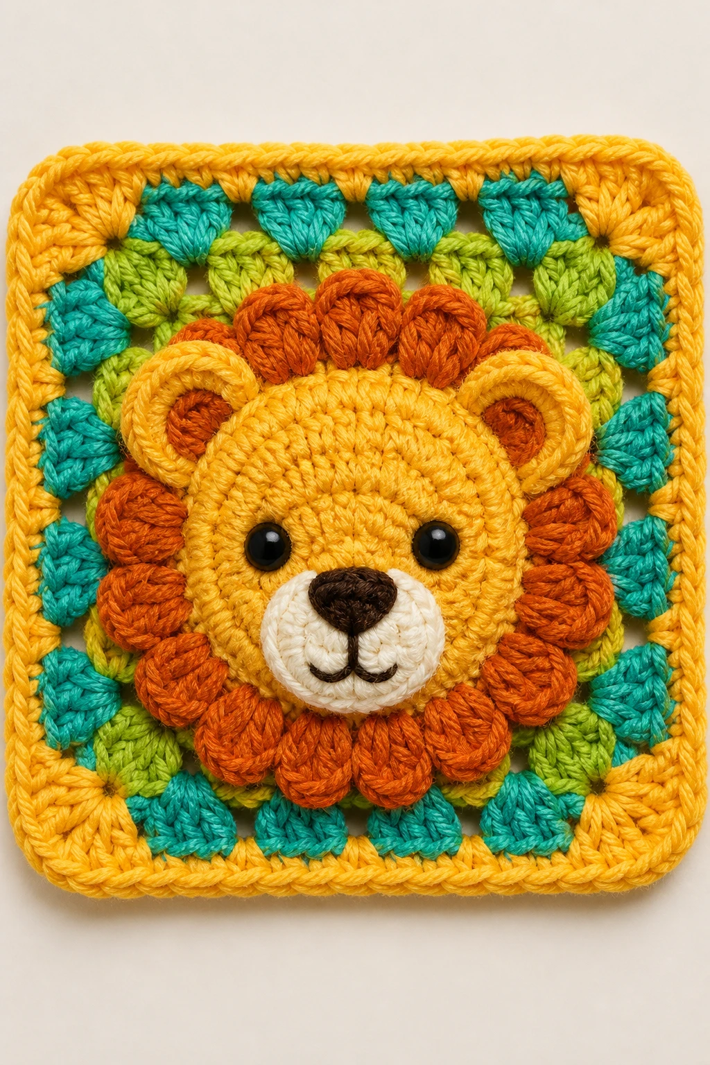 Closeup of a single safari-animal granny square with bright colors, on neutral background