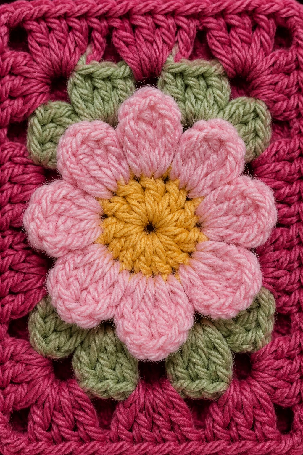 Closeup of a flower granny square with hero color dominant