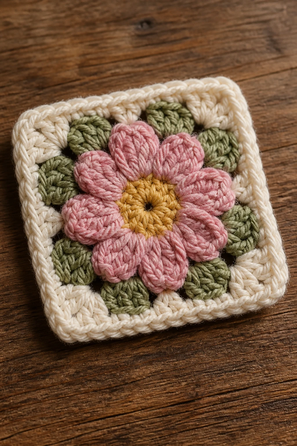 closeup of a single flower granny square resting on a wooden table