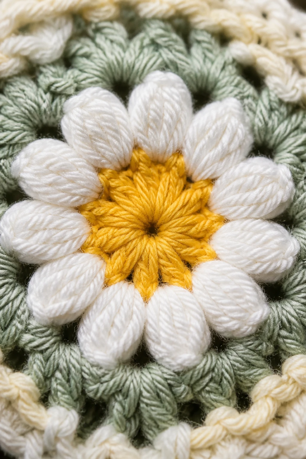 closeup of a daisy-style granny square yarn detail, macro shot