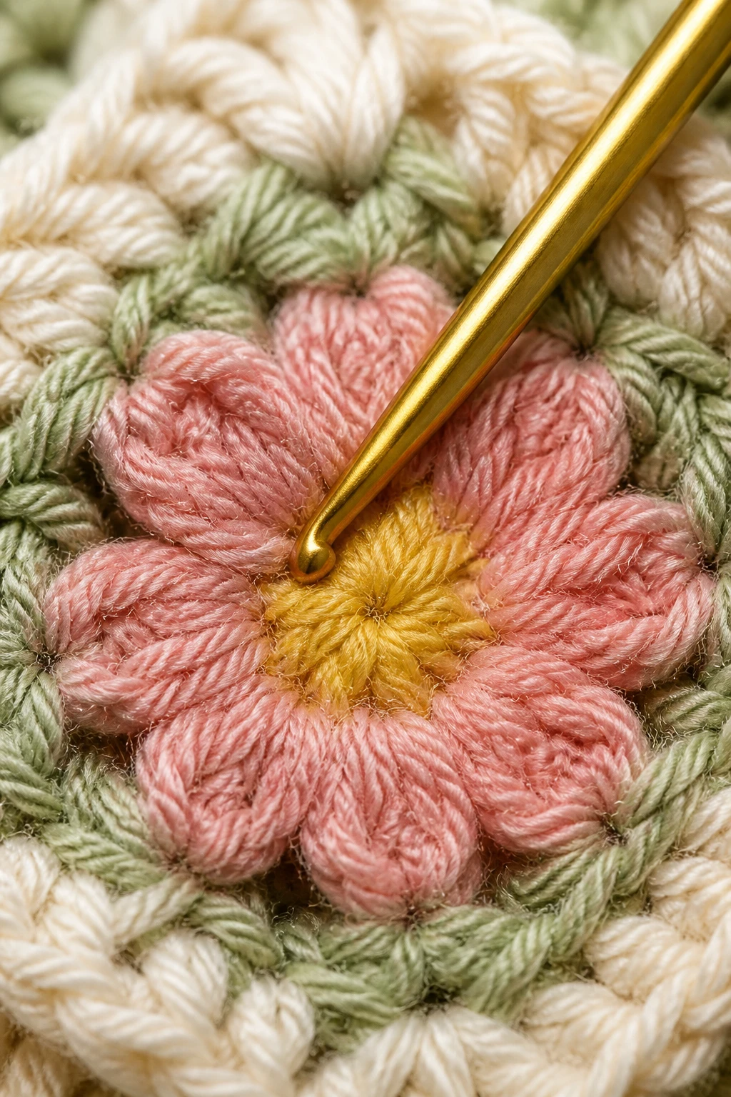 Macro shot of one crochet hook piercing a single flower granny square