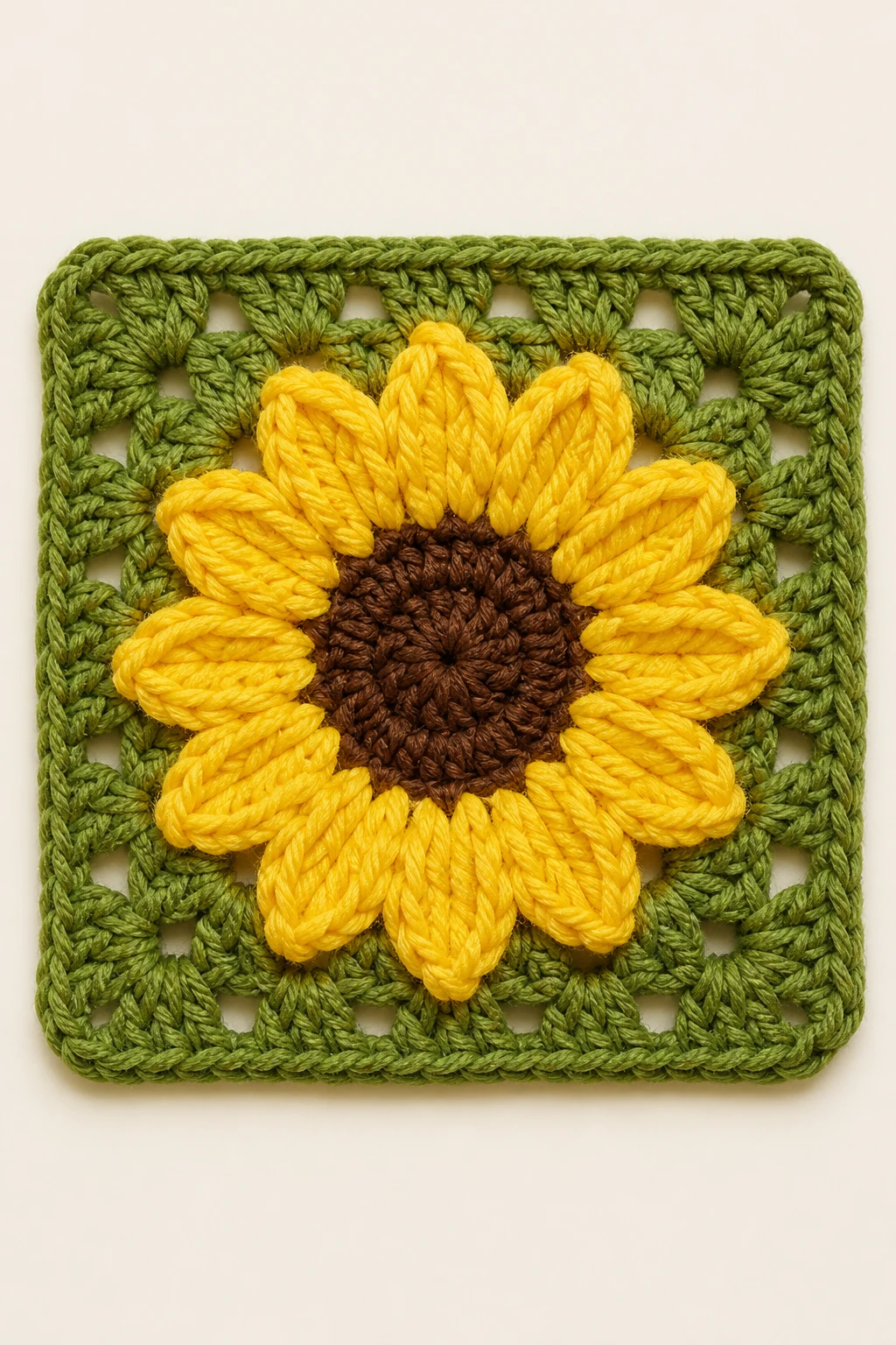 Focused image of one sunny yellow flower granny square on plain backdrop