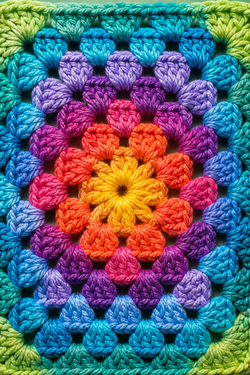 closeup of a modern granny square crochet motif with bright gradient yarn