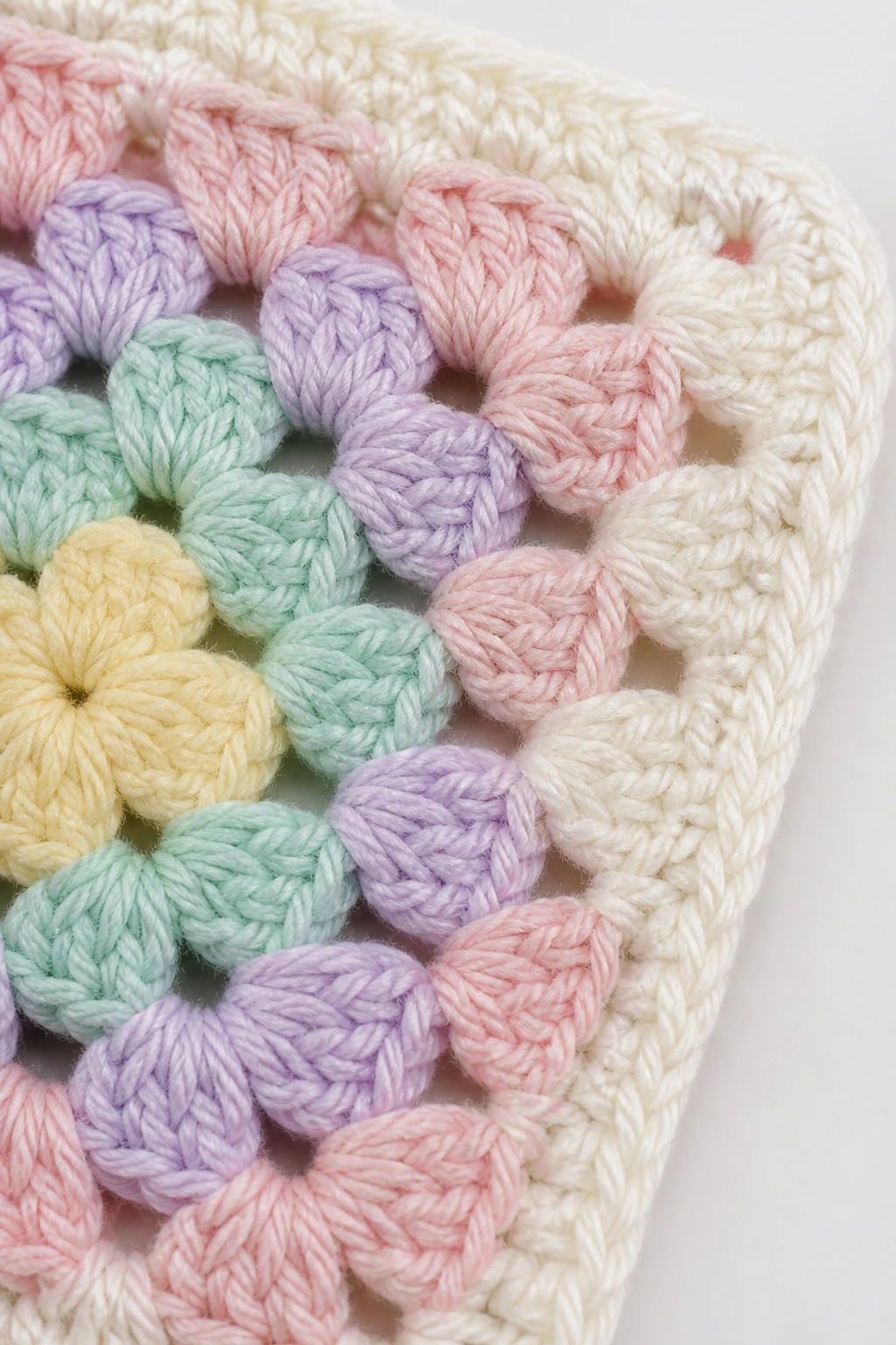 closeup of a traditional granny square corner detail in pastel tones