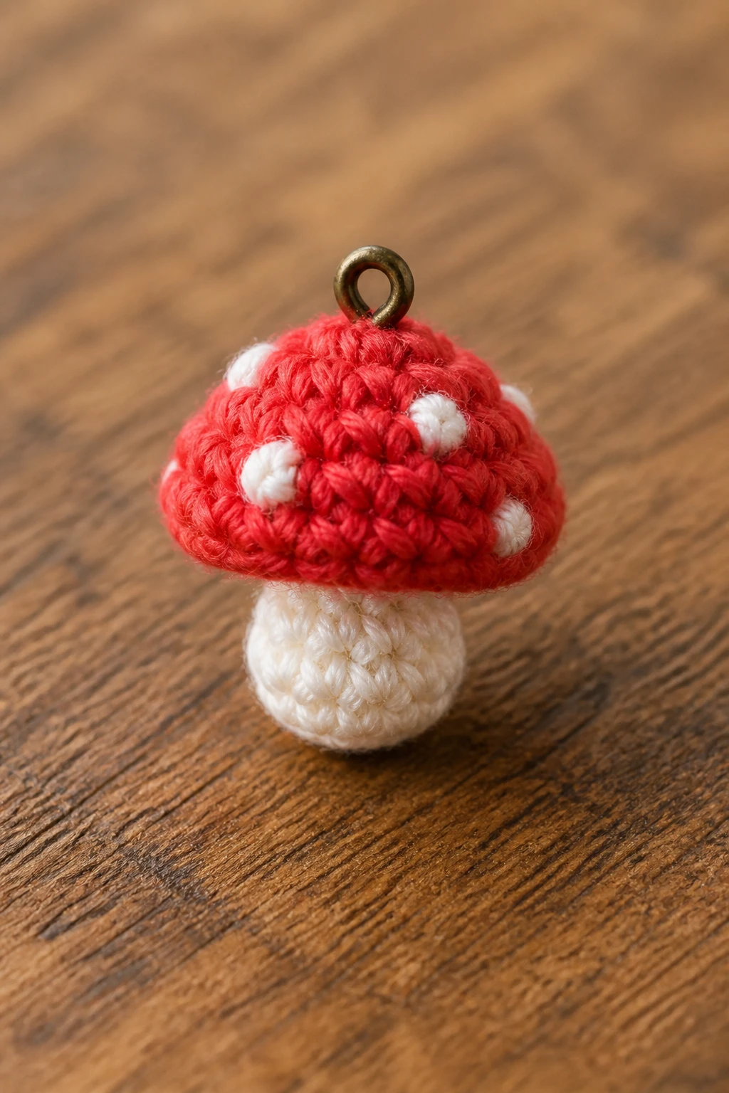 Closeup of a single tiny crochet charm on a wooden tabletop