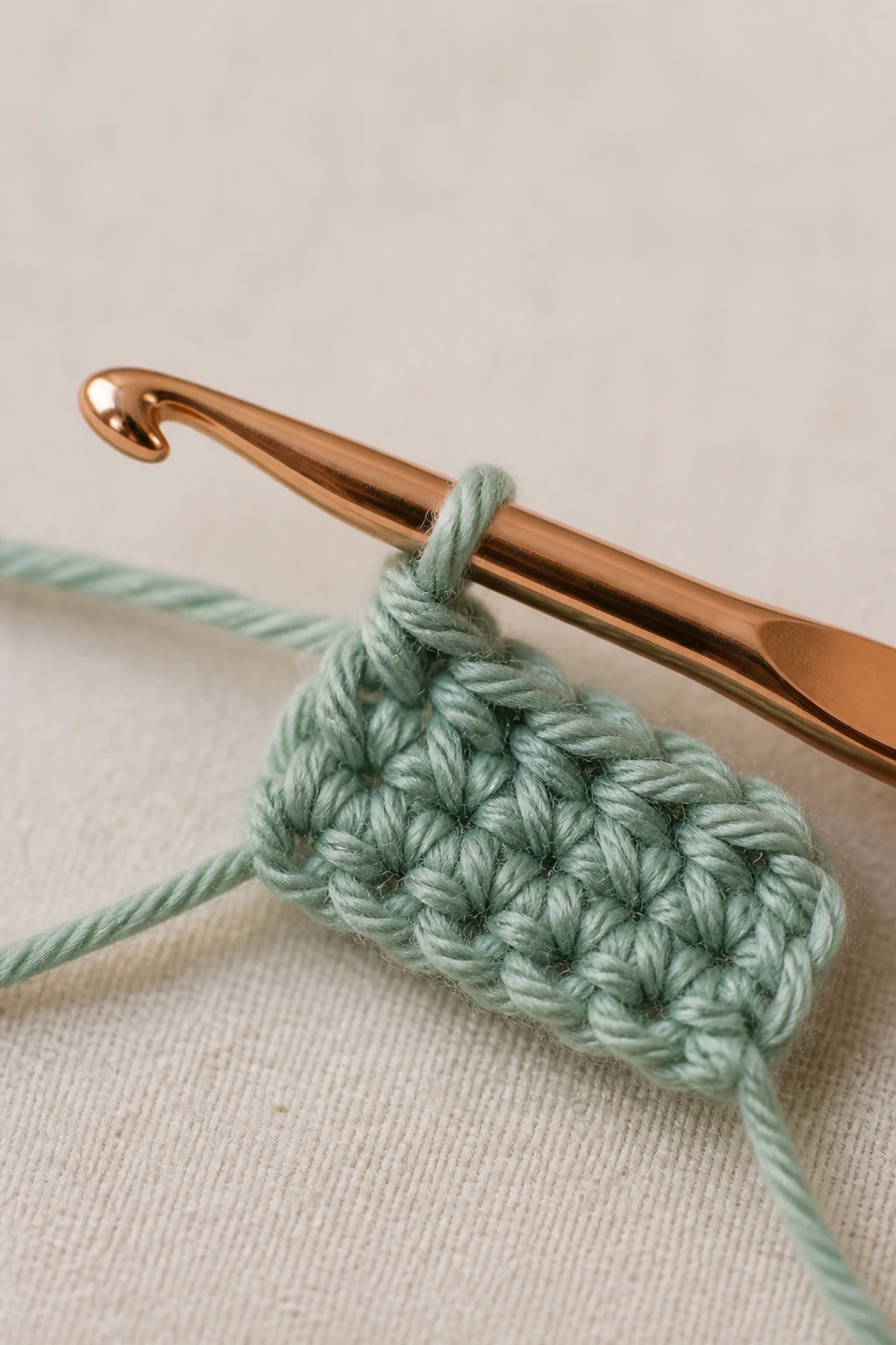 Closeup of a single crochet hook with a tiny swatch in progress