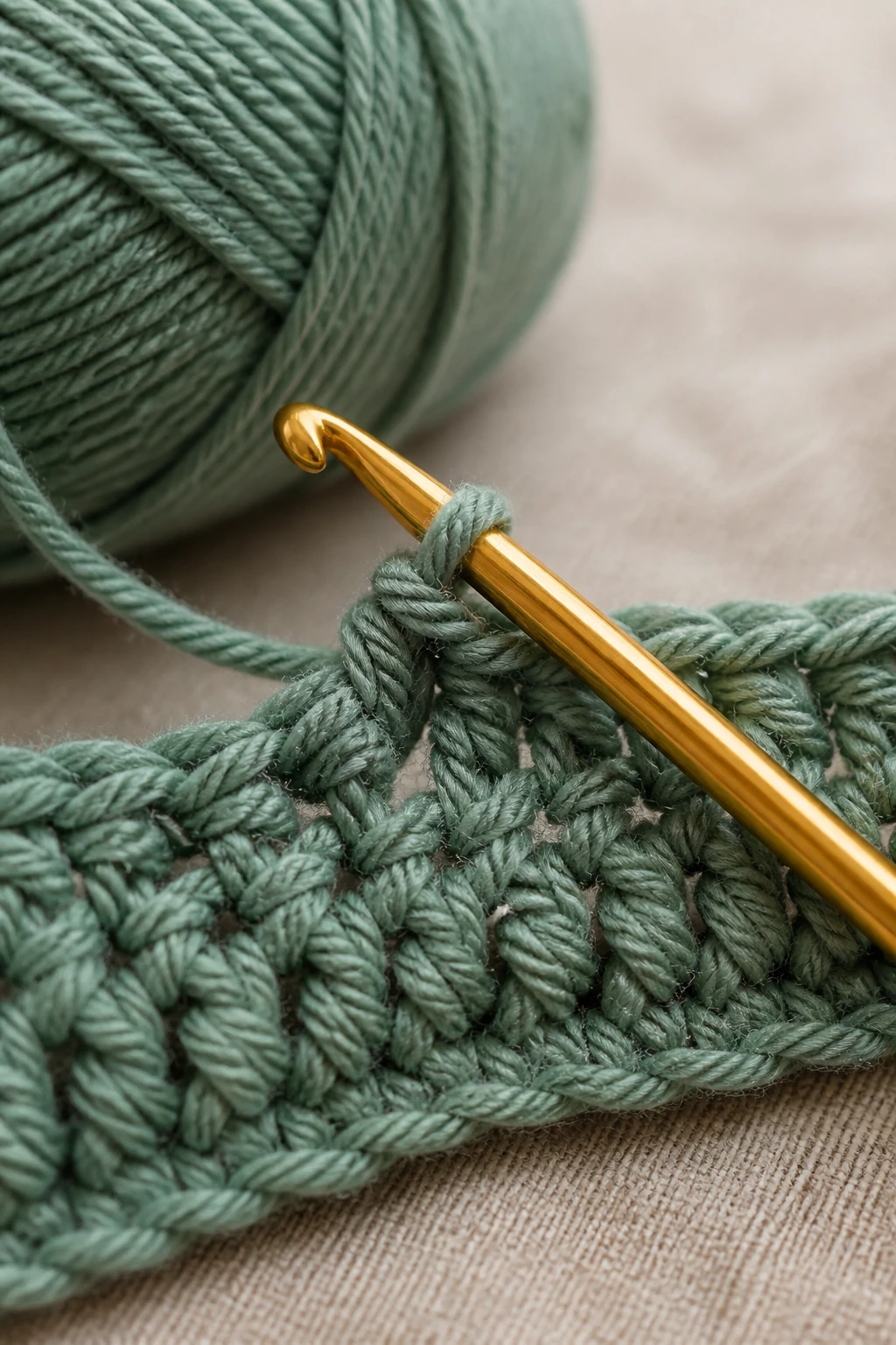 Closeup of a single crochet hook and yarn skein in progress