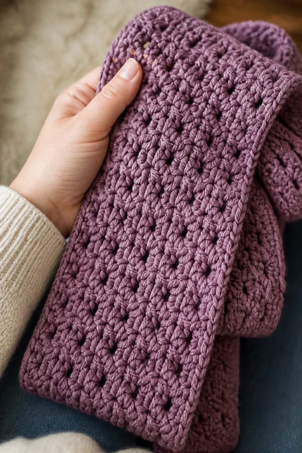 Closeup of a hand holding a finished quick crochet scarf