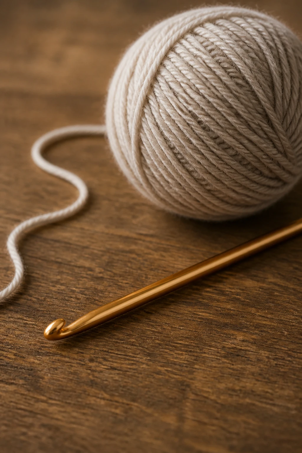 Closeup of a single crochet hook and ball of yarn on a wooden table