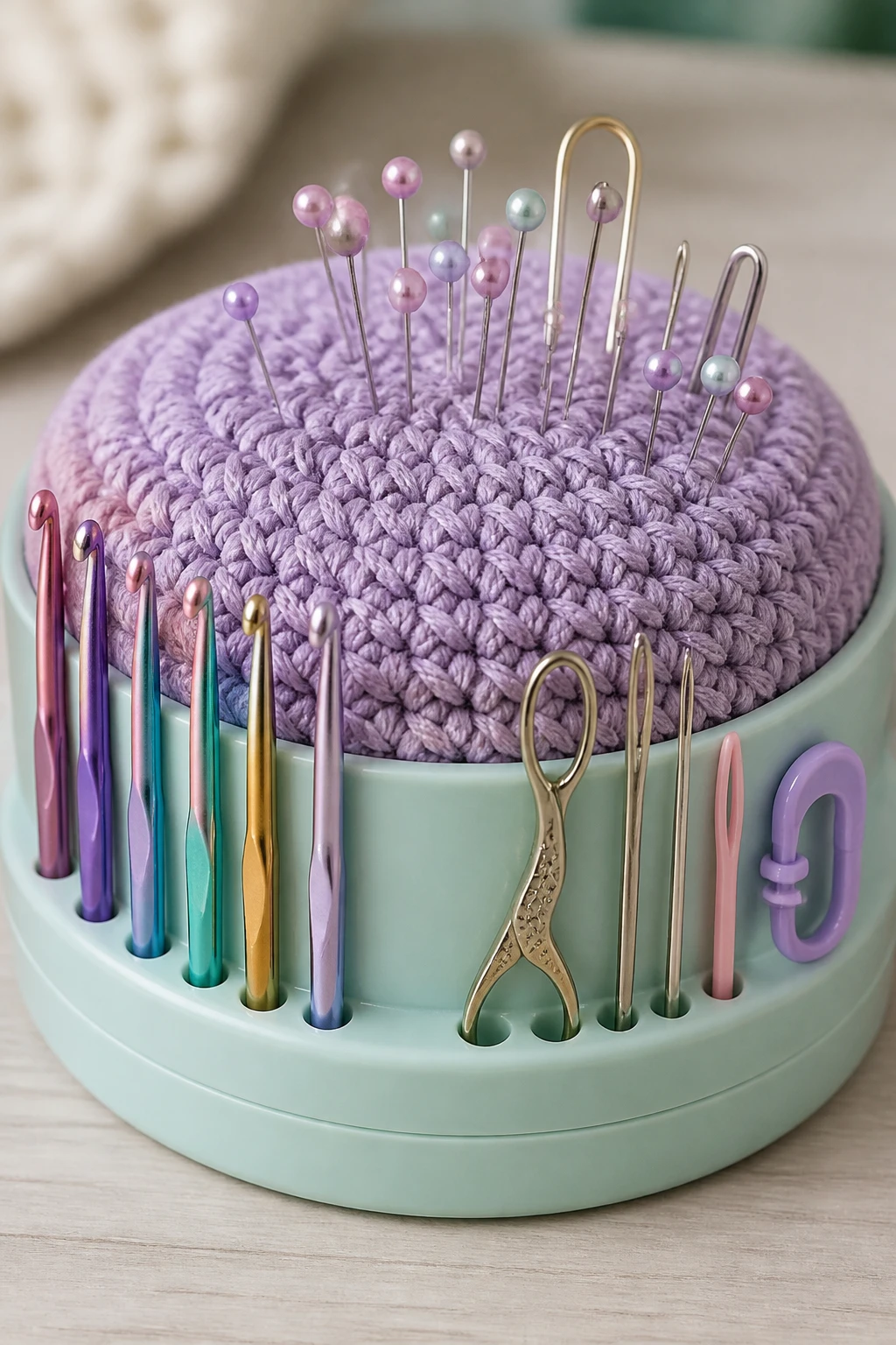 Close-up of a magnetic crochet pin-cushion with tools neatly in slots