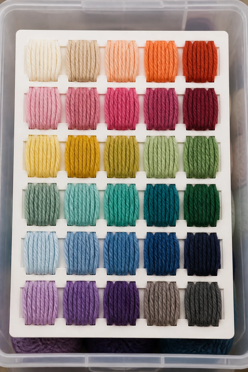 Close-up of a labeled color-coded yarn swatch card in a single project bin