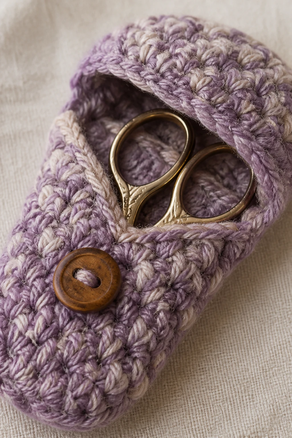 Close-up of a compact crochet pouch with a backup scissors pair visible inside