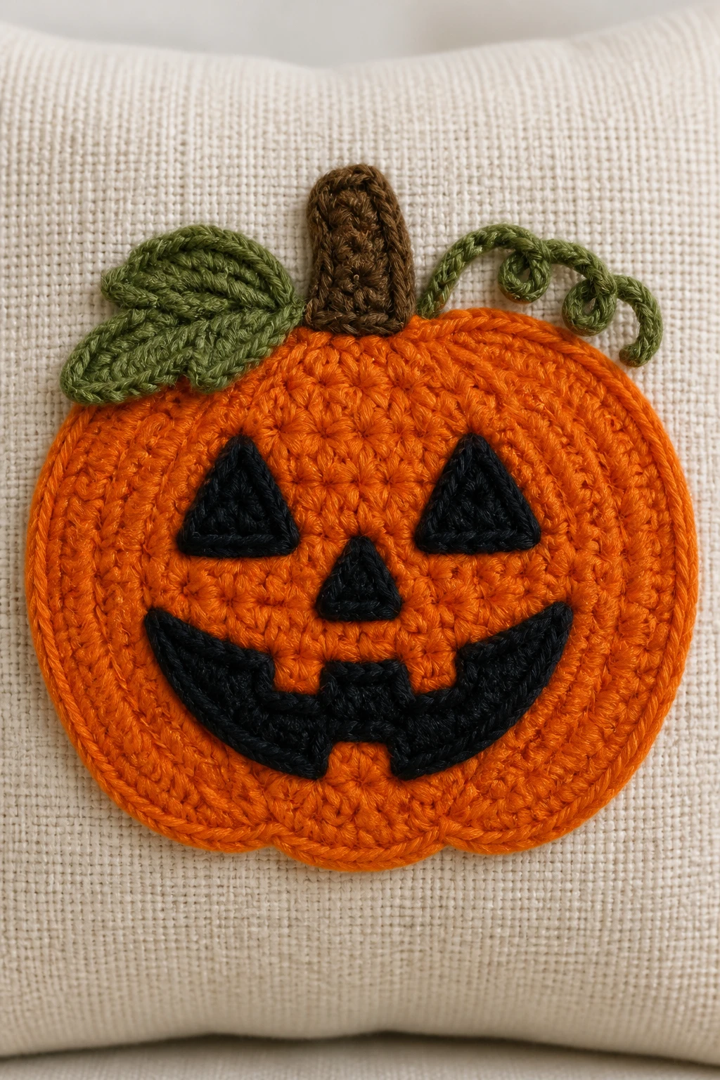 Closeup crochet jack-o’-lantern applique on neutral pillow