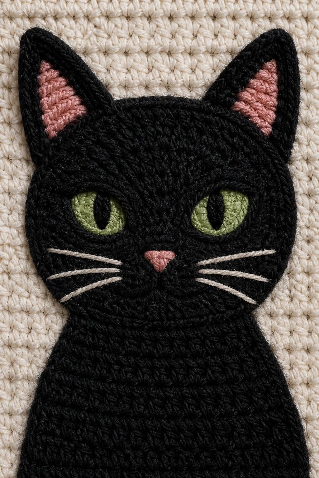 Focused shot of crocheted black cat wall hanging texture