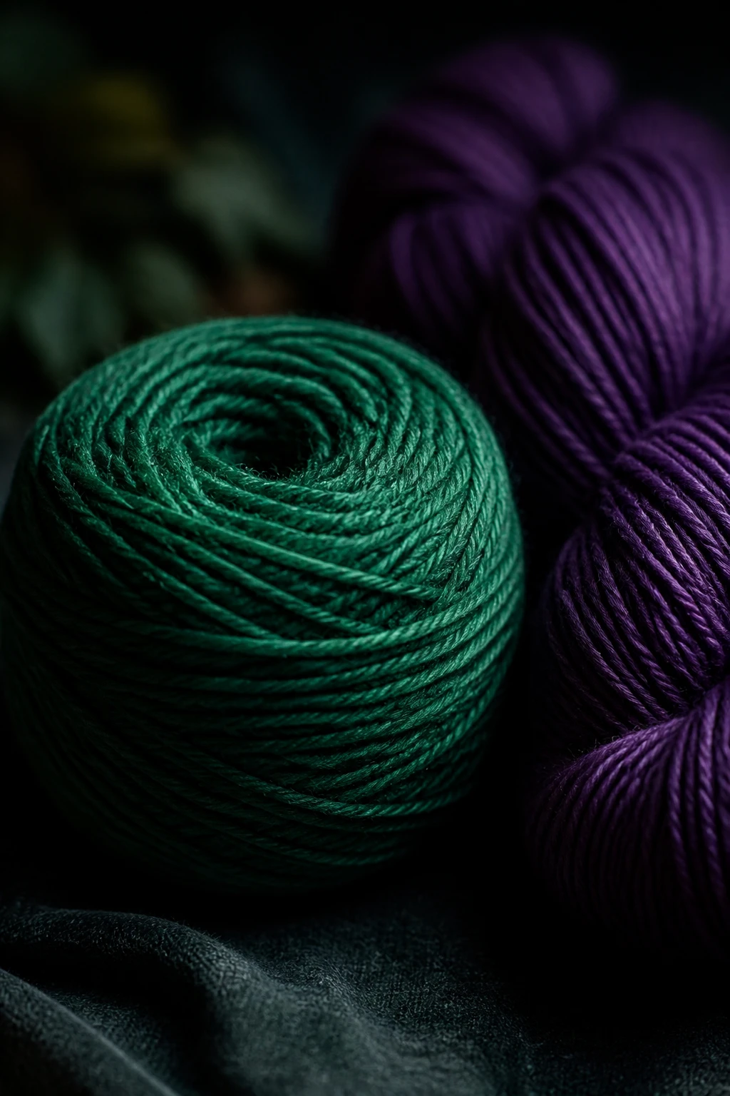 Focused shot of emerald-green yarn ball beside purple skein in moody lighting