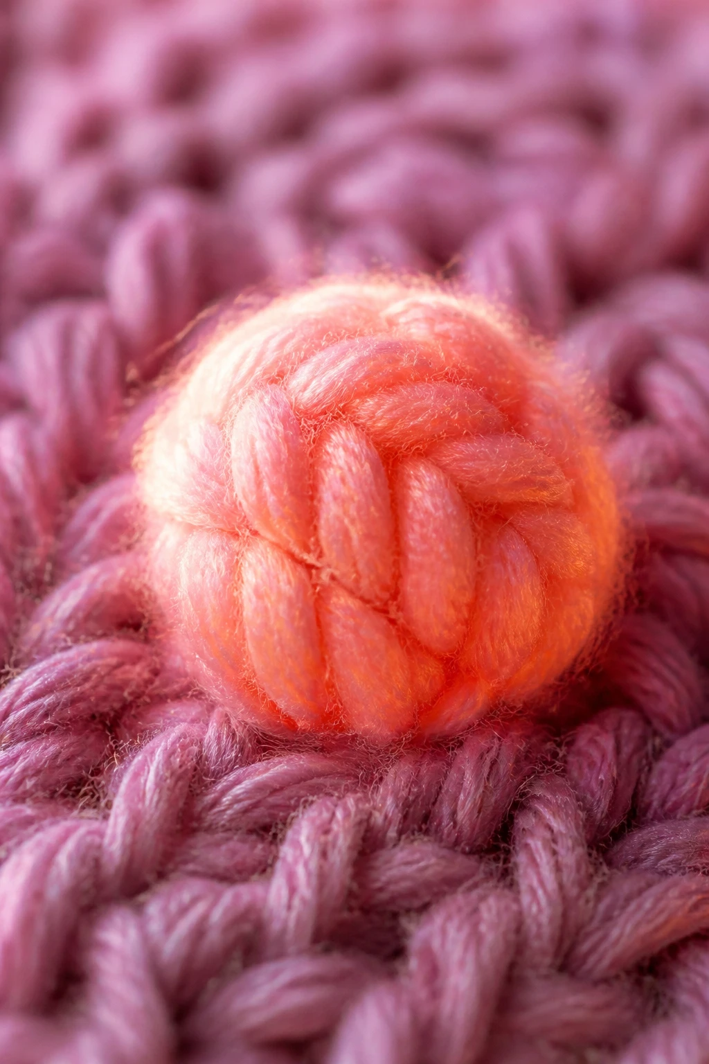 Macro shot of one glowing bobble stitch puff on a fabric surface