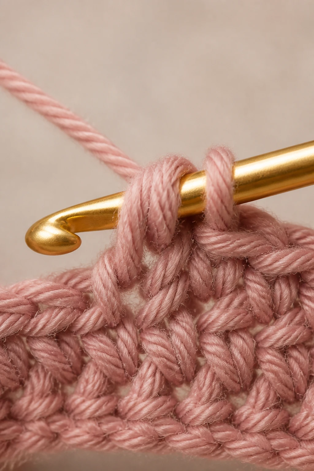 Closeup of a single crochet hook pulling through a stitch, HDC formation