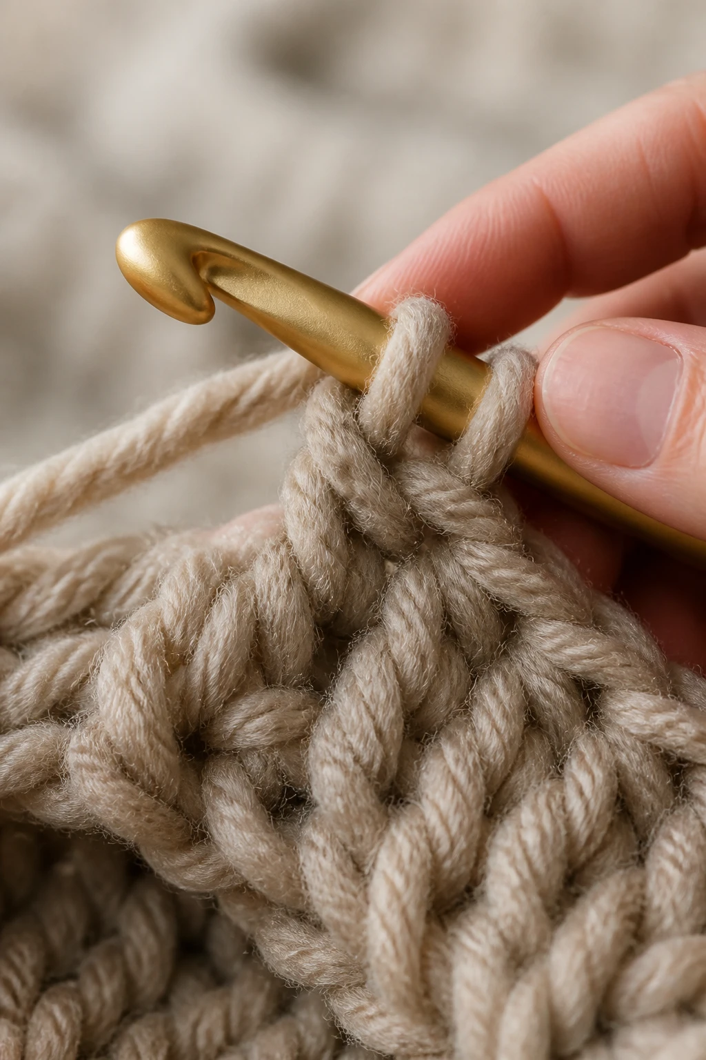 Closeup of a crochet hook in use with chunky yarn, hand in frame