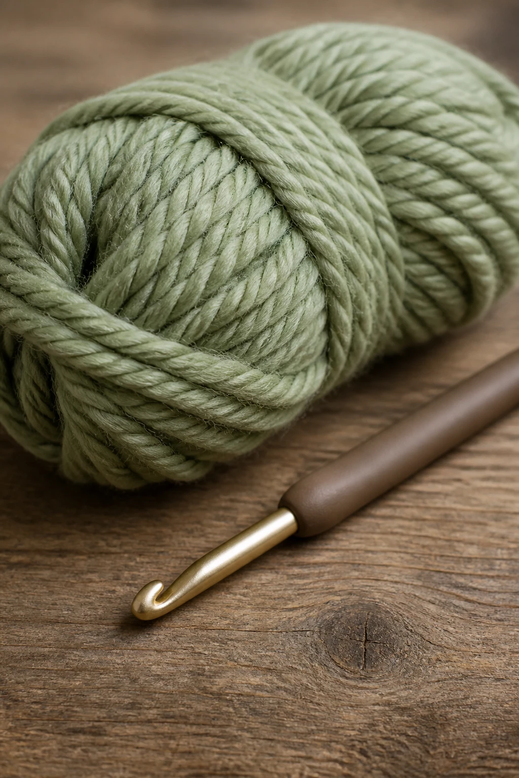 Focused image of a crochet hook resting beside a skein of bulky yarn