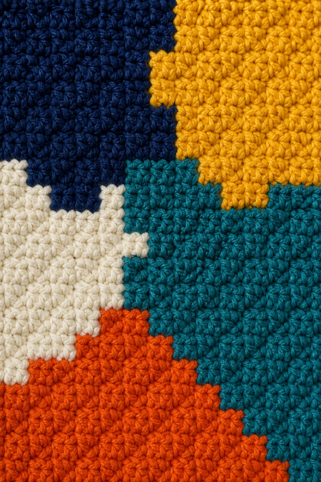 closeup of mosaic crochet yarn color blocks with crisp color boundaries