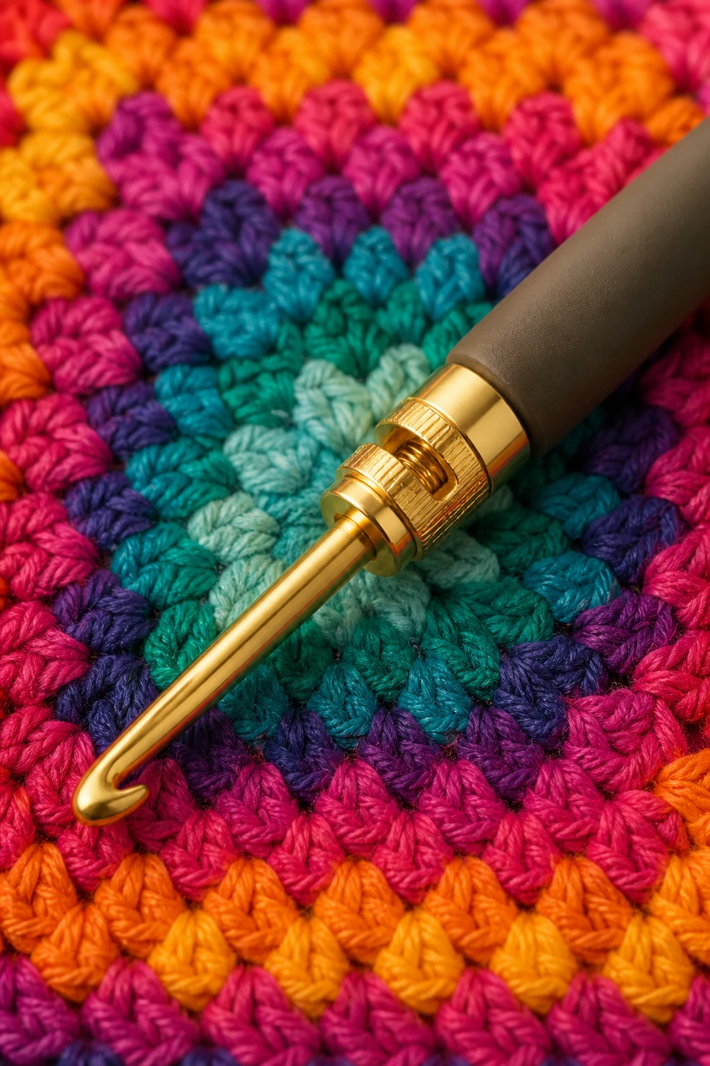 closeup of tension-adjusted crochet hook on vivid mosaic square