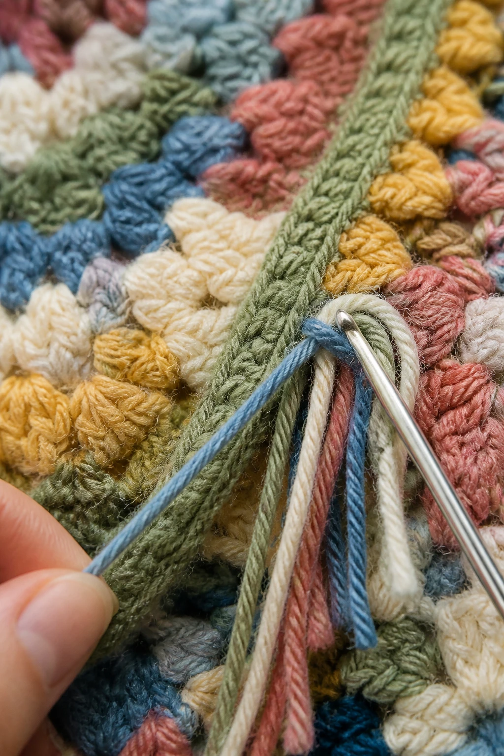 closeup of frogging thread tails on a finished mosaic crochet blanket edge