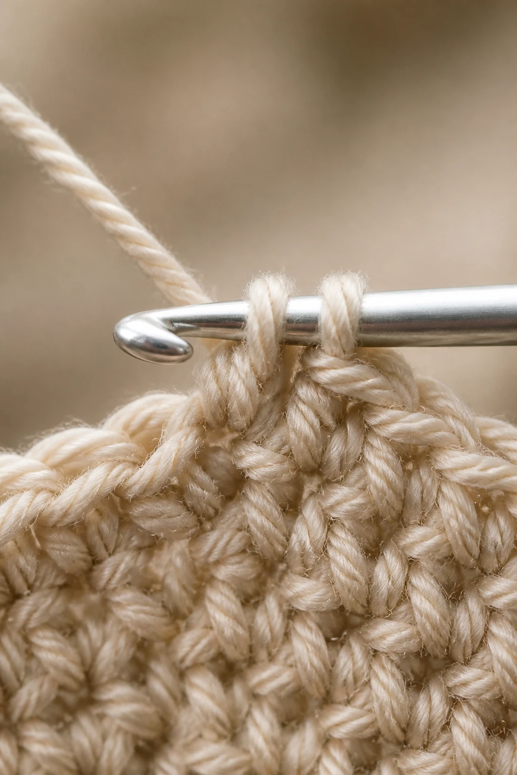 Closeup of a single crochet hook pulling yarn through tiny stitches