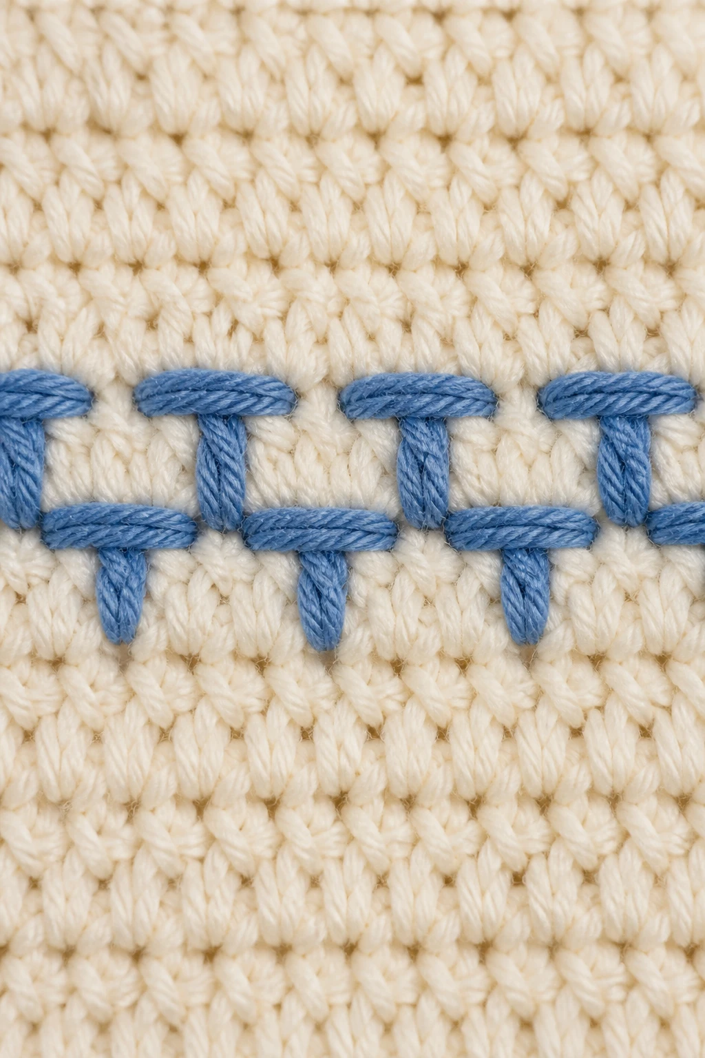 Closeup of a single slip-stitch row forming a tile pattern on fabric